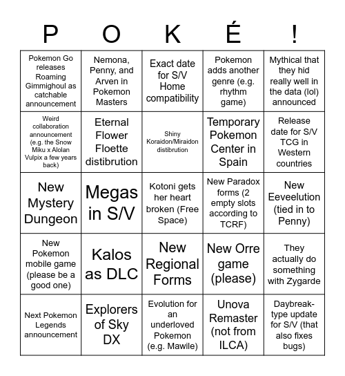 Pokemon Announcement Bingo Card