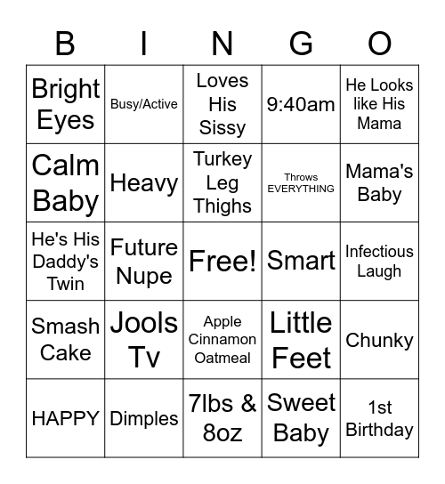Carter's 1st Birthday Bingo Card