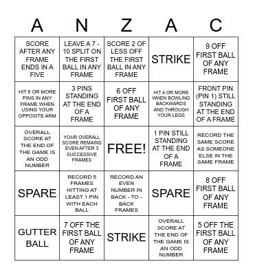 ANZACS BOWLING BINGO Card