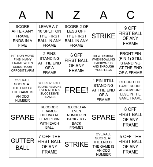 ANZACS BOWLING BINGO Card