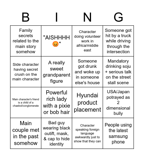 Kdrama Bingo Card