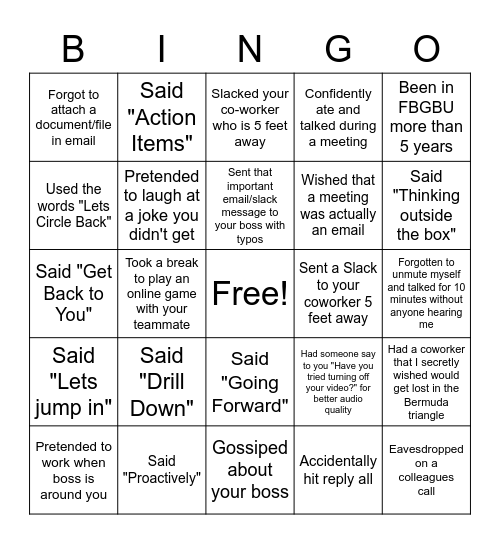 Never have I Ever, Workplace Edition Bingo Card