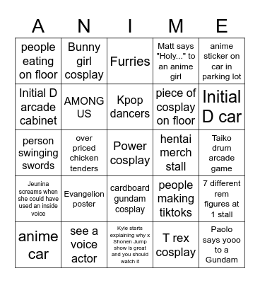 Anime Con Bingo Card