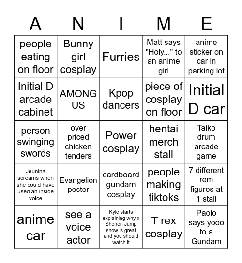 Anime Con Bingo Card