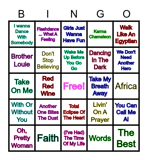 1980'S Music Bingo Card