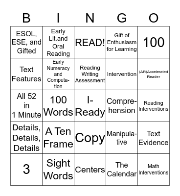 Family Literacy Night Bingo Card