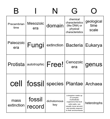 Lessons 4 & 5:History of Life on Earth & Classification Bingo Card