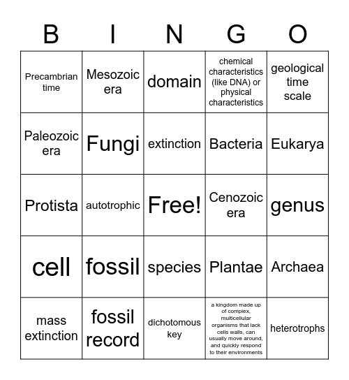 Lessons 4 & 5:History of Life on Earth & Classification Bingo Card
