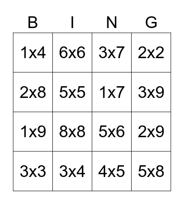 Multiplication 1-10B Bingo Card