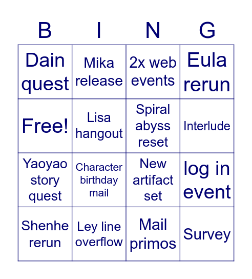 GENSHIN 3.5 Bingo Card