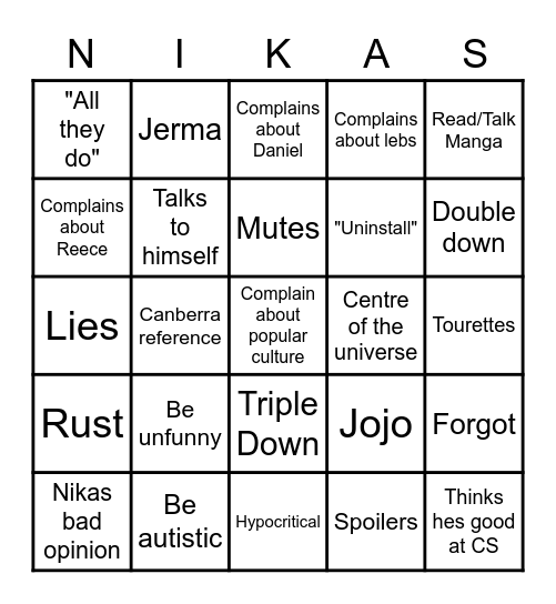 Nikas Bingo Card