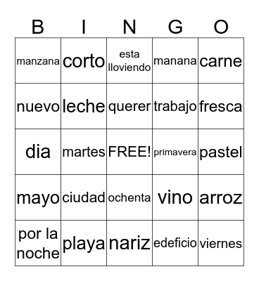Español  Bingo Card