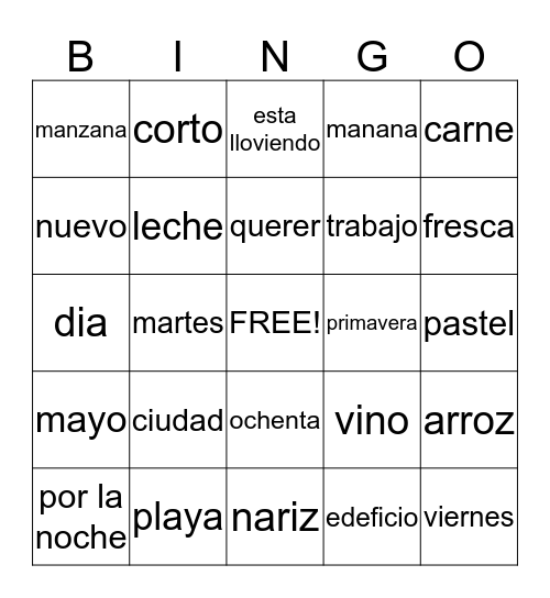 Español  Bingo Card