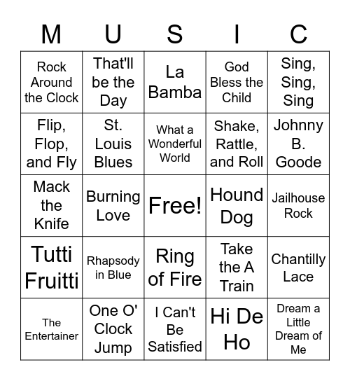 Early American Popular Music Bingo Card