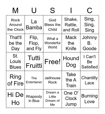 Early American Popular Music Bingo Card