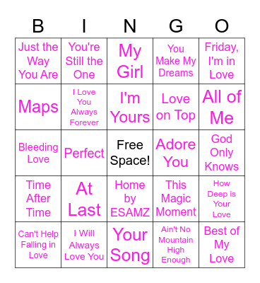 Love Songs Bingo Card