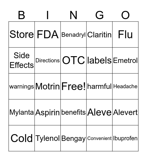 OTC Medications Bingo Card
