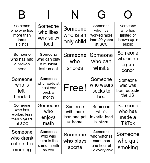 SCC HSD Human Bingo Card