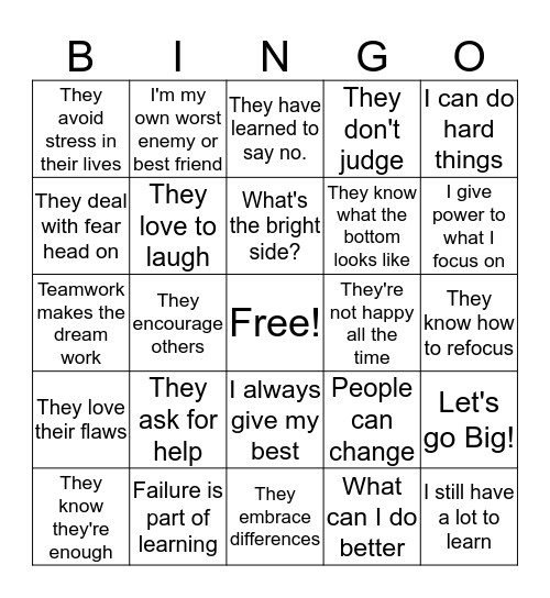 Positive Thinking Bingo Card