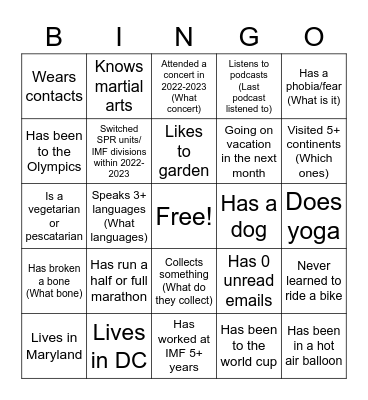 XP Bingo Card