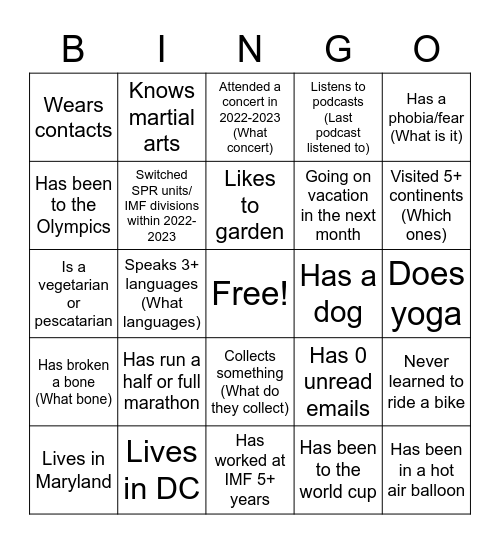 XP Bingo Card