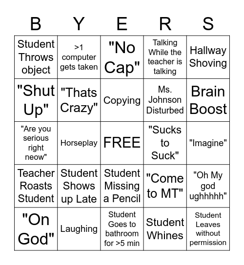Middle School at Dsst average day Bingo Card