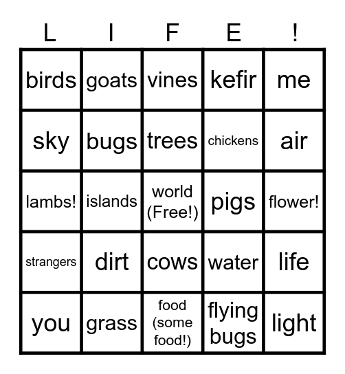 LIFE! Bingo Card