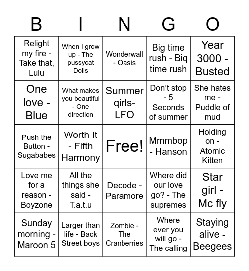 Girl & Boy Band Fananza Bingo Card