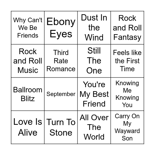 70's Hits Bingo Card