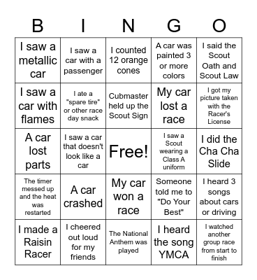Pack 2819 Pinewood Derby Bingo Card