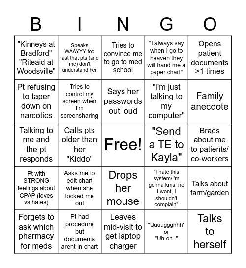 Patty Pratt Bingo Card