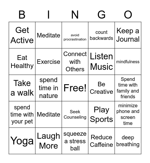 Stress Busters Bingo Card