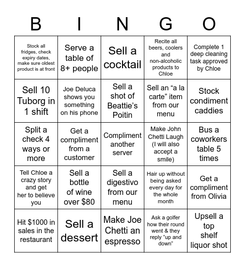 Chloe’s Server Bingo Card