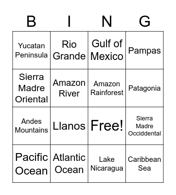 Latin America Geography BINGO Card