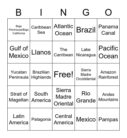 Latin America Geography Bingo Card