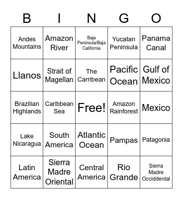 Latin America Geography Bingo Card