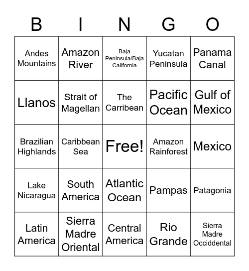 Latin America Geography Bingo Card
