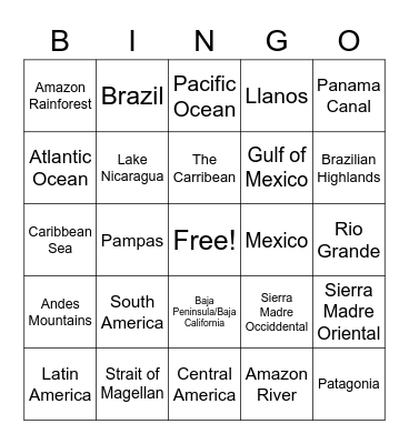 Latin America Geography Bingo Card