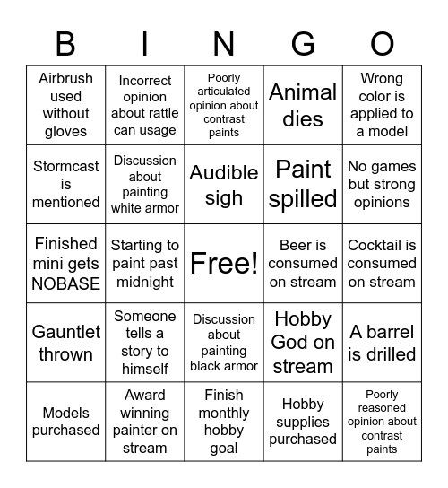 BaD Painting Ptuesday BINGO Card