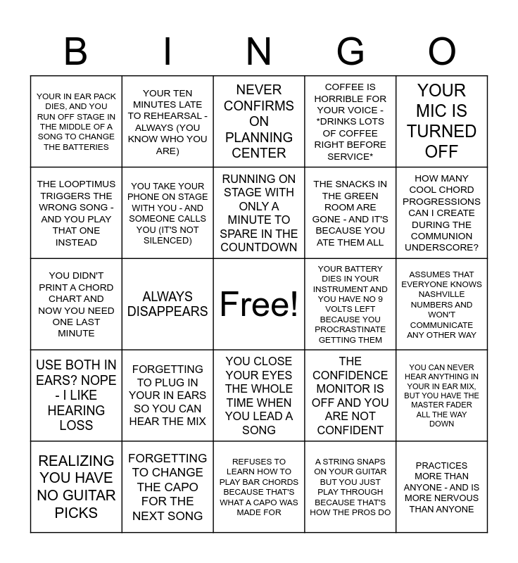 Worship Bingo! Bingo Card