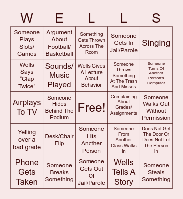 6th Period Wells Bingo Card