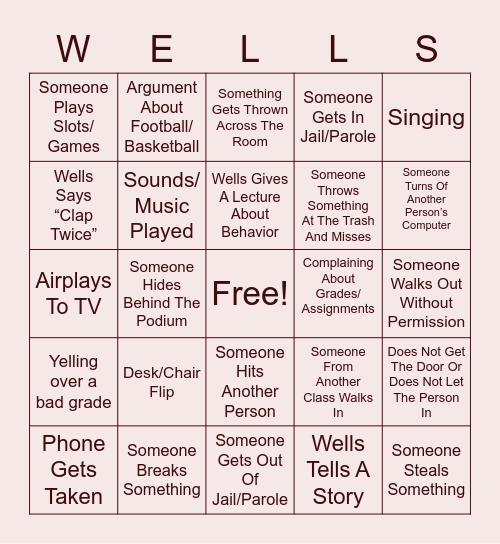 6th Period Wells Bingo Card