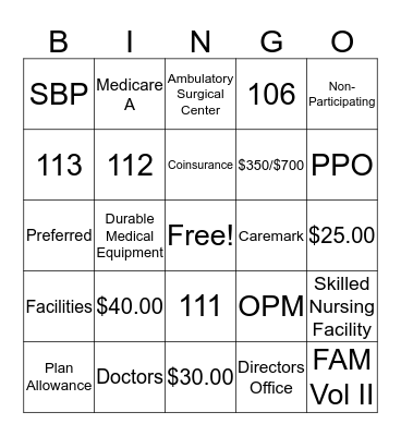 FEP Health Terminology Bingo Card