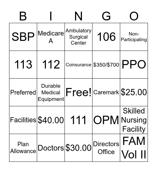 FEP Health Terminology Bingo Card
