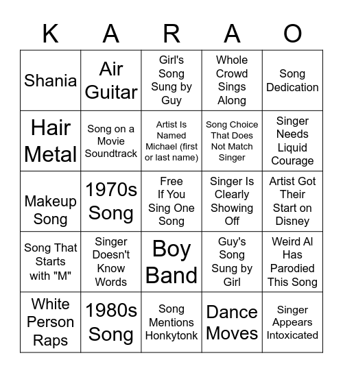 Karaoke Bingo Card