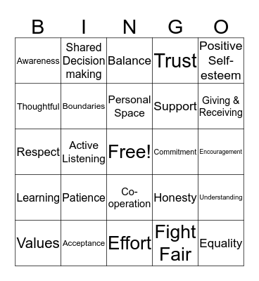 Healthy Relationships Bingo Card