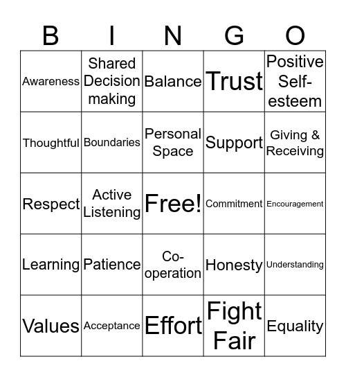 Healthy Relationships Bingo Card