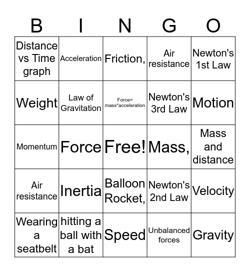 Force and Motion Review Bingo Card