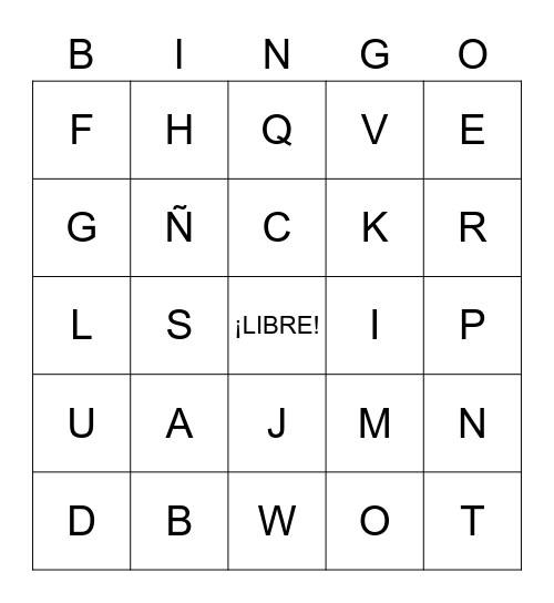 SPANISH ALPHABET Bingo Card