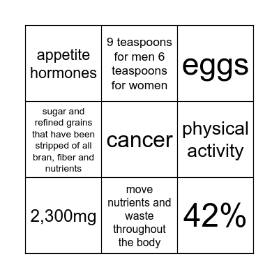 Nutrition Bingo Card